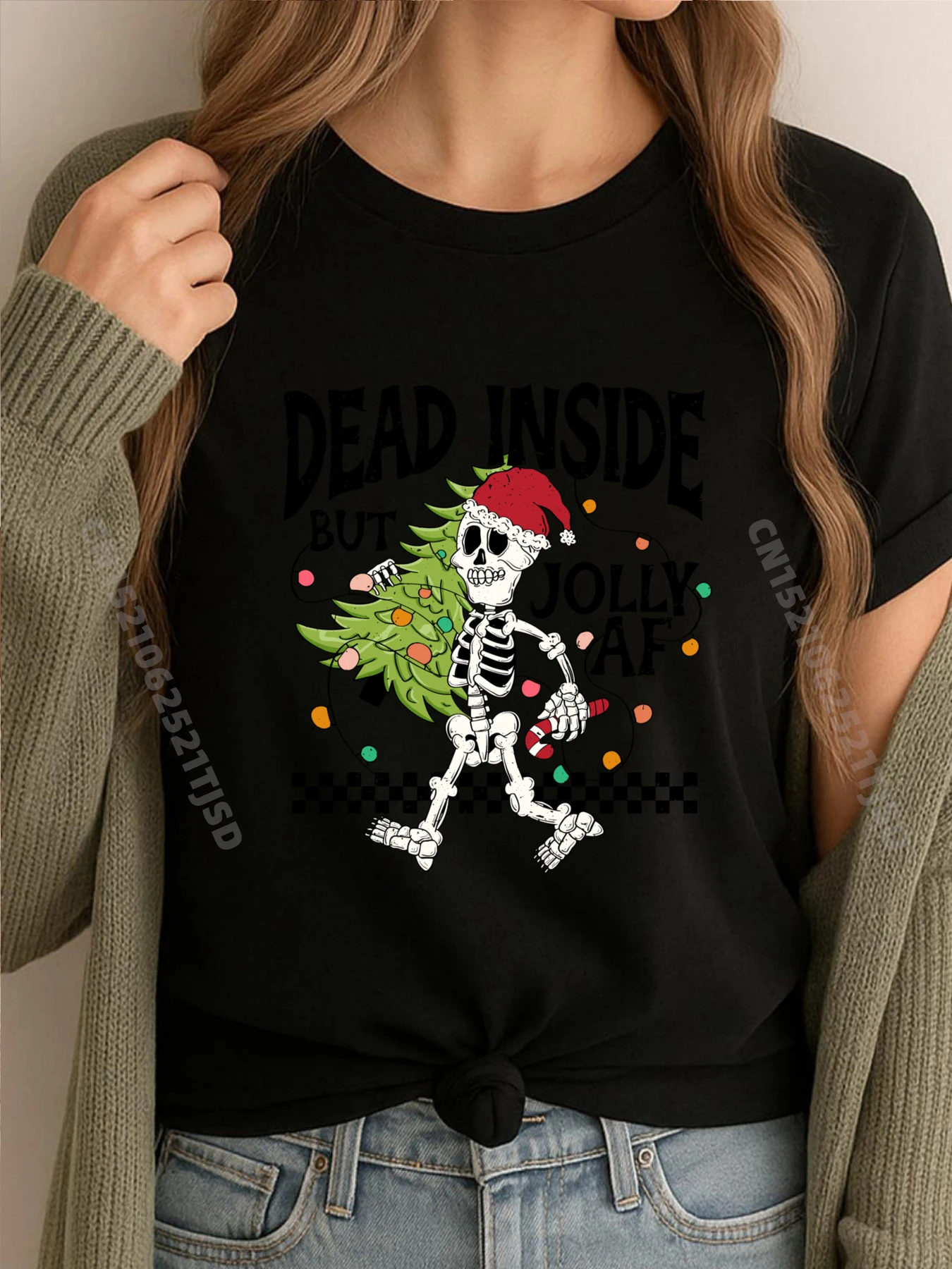 

Dead Inside But Jolly Af It Рождественский скелет Санта Мужские футболки с рисунком Забавная рубашка Пасхальный день