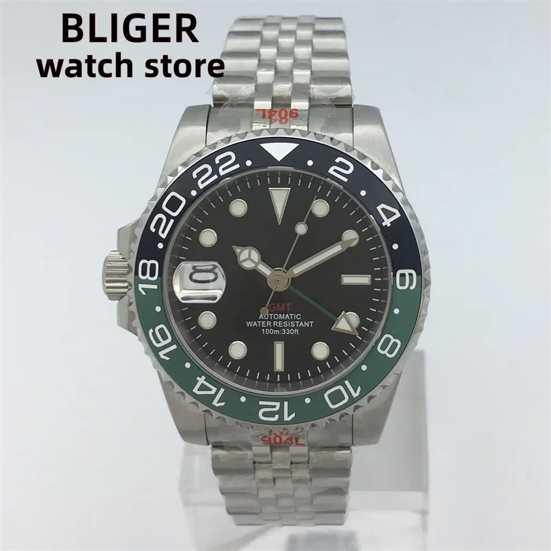 BLIGER Left hand 40mm NH34A Men's Automatic Mechanical watch stainless steel strap case sapphire glass 9 o 'clock crown date