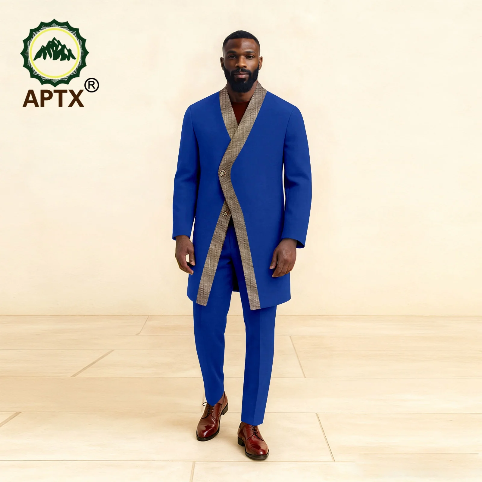 Afrikaanse mannen Bazin Riche 2 Stuk Pak Stand Kraag Enkele Jas Breasted Blazer Jas met Broek Party Bruiloft kleding 2516110