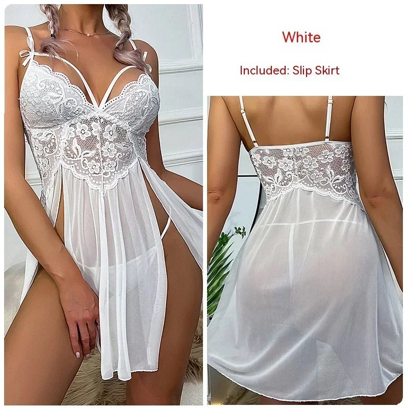 Sexy Nightwear Women Mesh See-Through Pajamas Lace Embroidery Suspender Nightdresses Black Nightgown Ladies Sleepwear Homewear 4