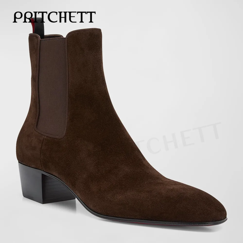 Brown Suede Chelsea Boots Pointed Toe Thick Mid-Heel Pull-On Elastic Ankle Boots Large Size Handsome Personality Men's Boots