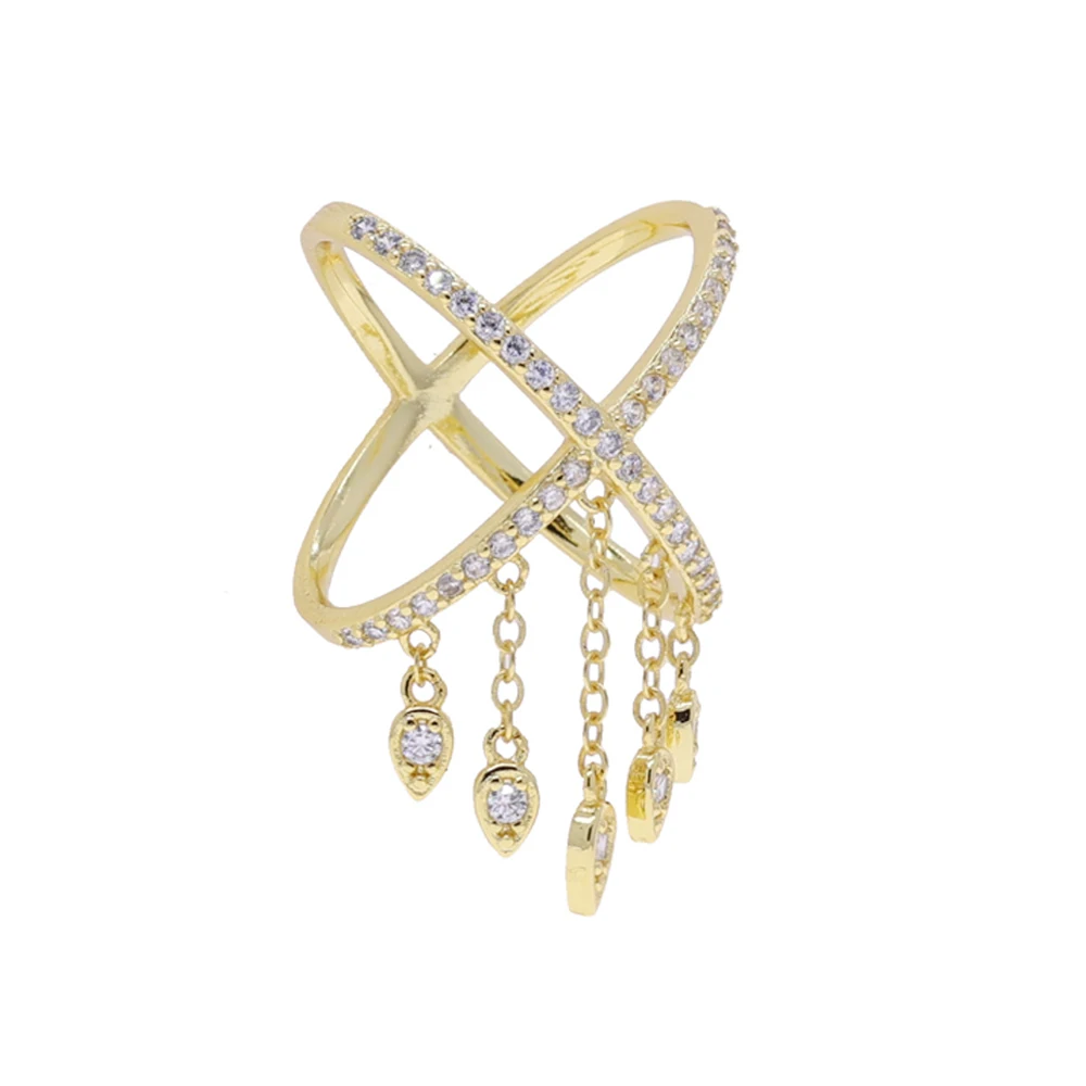 2026 New Gold Color Criss Cross X Cross Rings Micro Pave Bling Cubic Zircon Drop Cz Tassel Rings Women Finger Jewelry