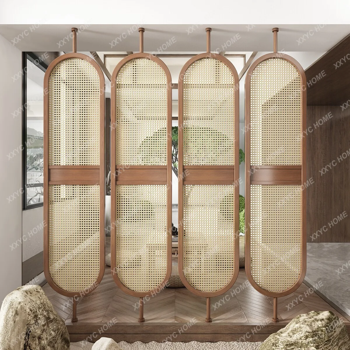 Chinese solid wood rattan screen living room lobby hotel homestay rotating partition