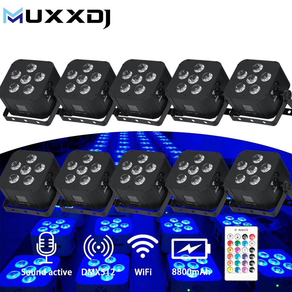 10pcs Professional Dj Light 6*18W RGBWA UV 6in1 Battery Power Wireless DMX Uplight WiFi Remote Flat Par Light For Disco