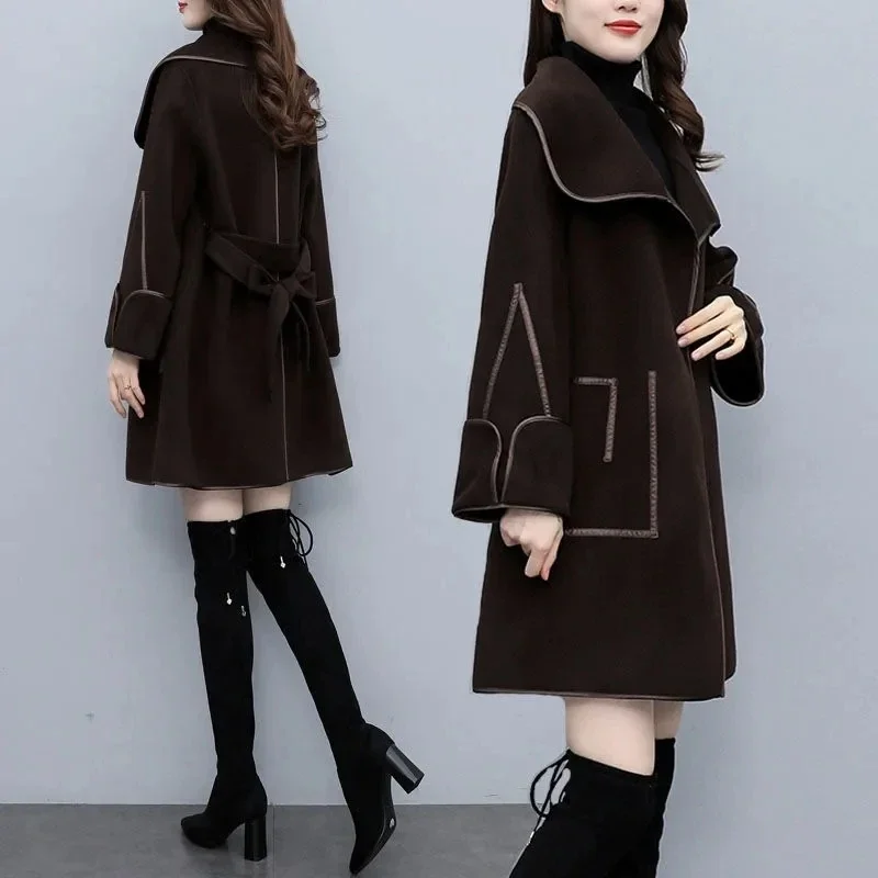 

Woolen Coat Women Autumn Winter Loose Solid Belt Pocket Abrigo Mujer Fashion Mid-length Outerwear Casual Female Overcoat