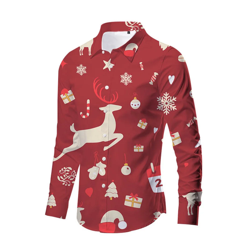 Camisa masculina de manga comprida com botão de lapela, confortável e macia, festa de Natal, rua, designer, alta qualidade, 2024