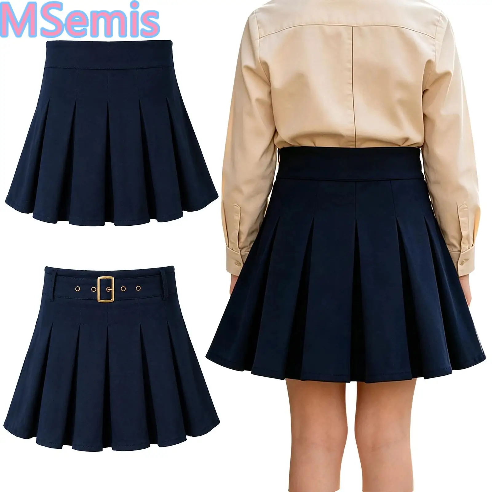 Kid Girls School Uniform Pleated Skirts for School Wear Outings Vacation Side Zipper A-line Skirt with Built-in Shorts Dancewear