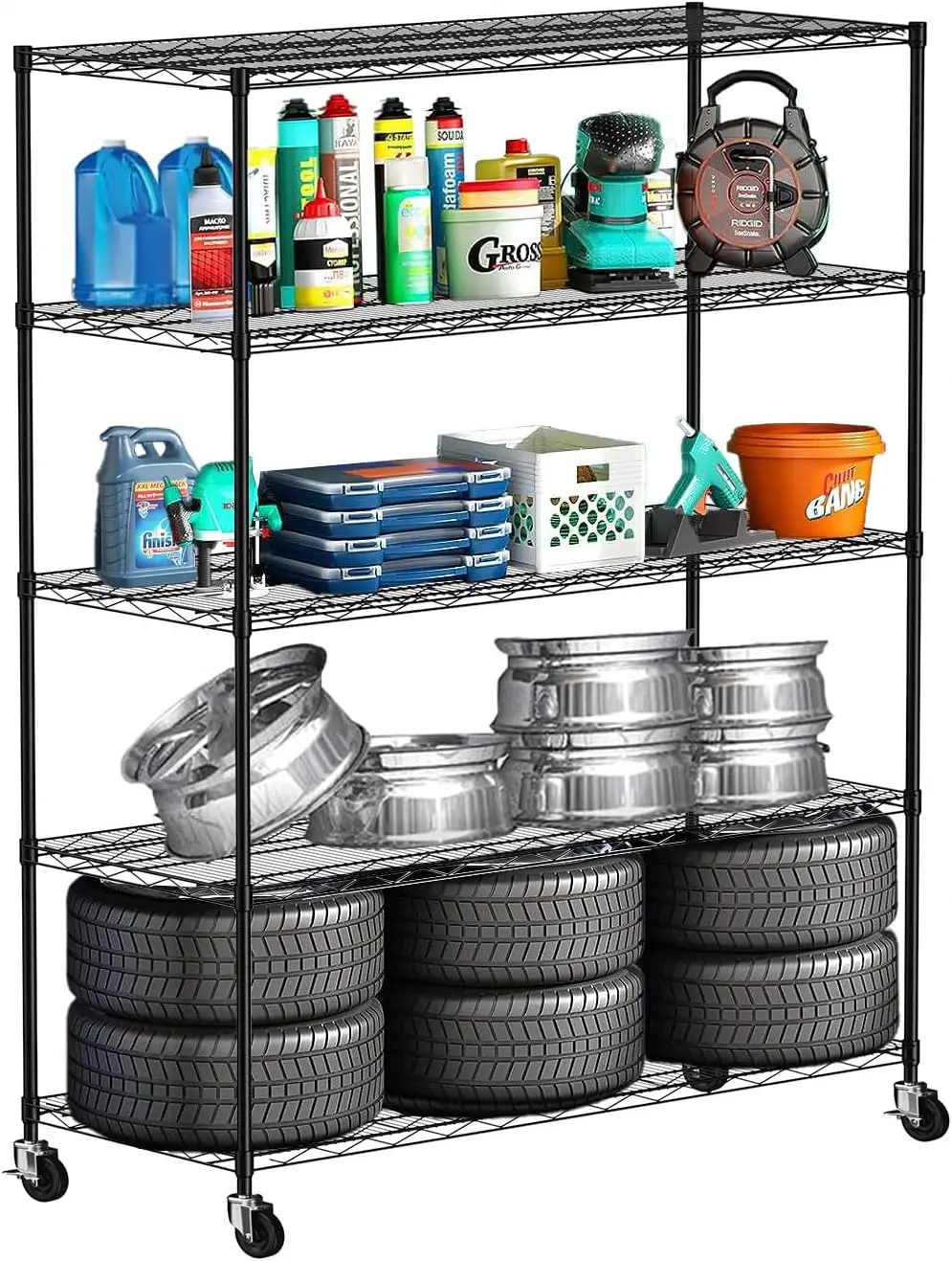 Warehouse,Supermarket,Kitchen,and Other 5-Layer Heavy-Duty Adjustable Shelves with Wheels and Adjustable feet,