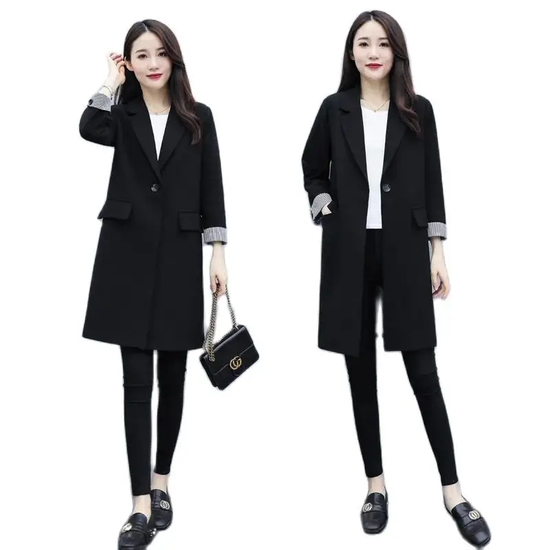 Suit Jacket Mid-Length Korean 2022New Spring Autumn Casual Loose Blazer Blousers Women Windbreaker Lady Black Trench Coat lining