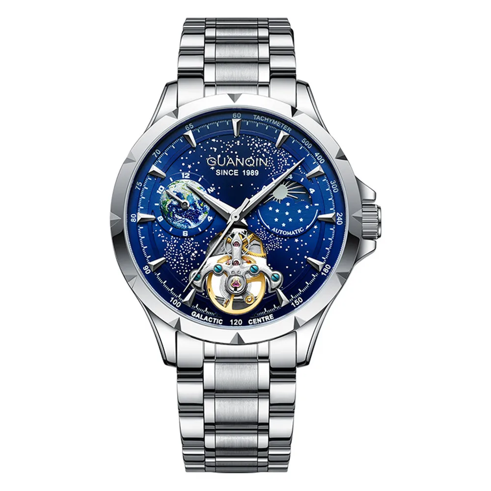 GUANQIN Men Starry Sky Dial Stainless Steel Leather Strap Business Wrist Watch Automatic Self-wind Mechanical Man Skeleton Clock