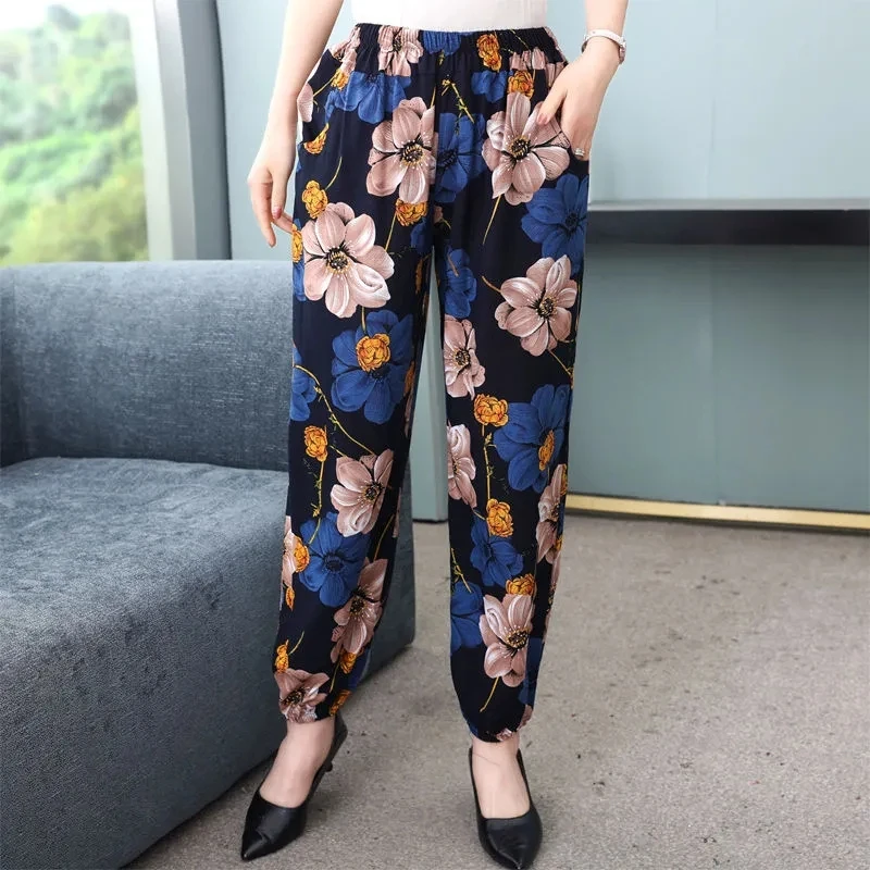 Mom's Lantern Pants Summer Vintage Floral Printed Cotton Silk Pants Middle Aged Women Elegant Trousers Casual Cropped Pantalon