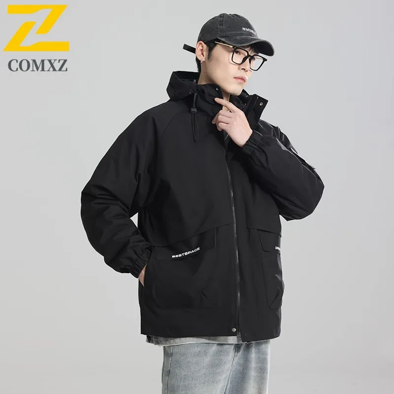 COMXZ Men Puffer Jacket 2025 Sport Hooded Ski Travel Warm Windproof Hiking Cotton Padded Jacket Lightweight Street Padding Coat