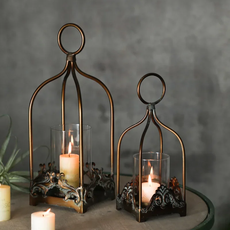 Vintage Glass Candle Holder, Iron Metal Candle Stand with Creative Design, Decorative Wind Lantern for Dining Rooms Home Decor