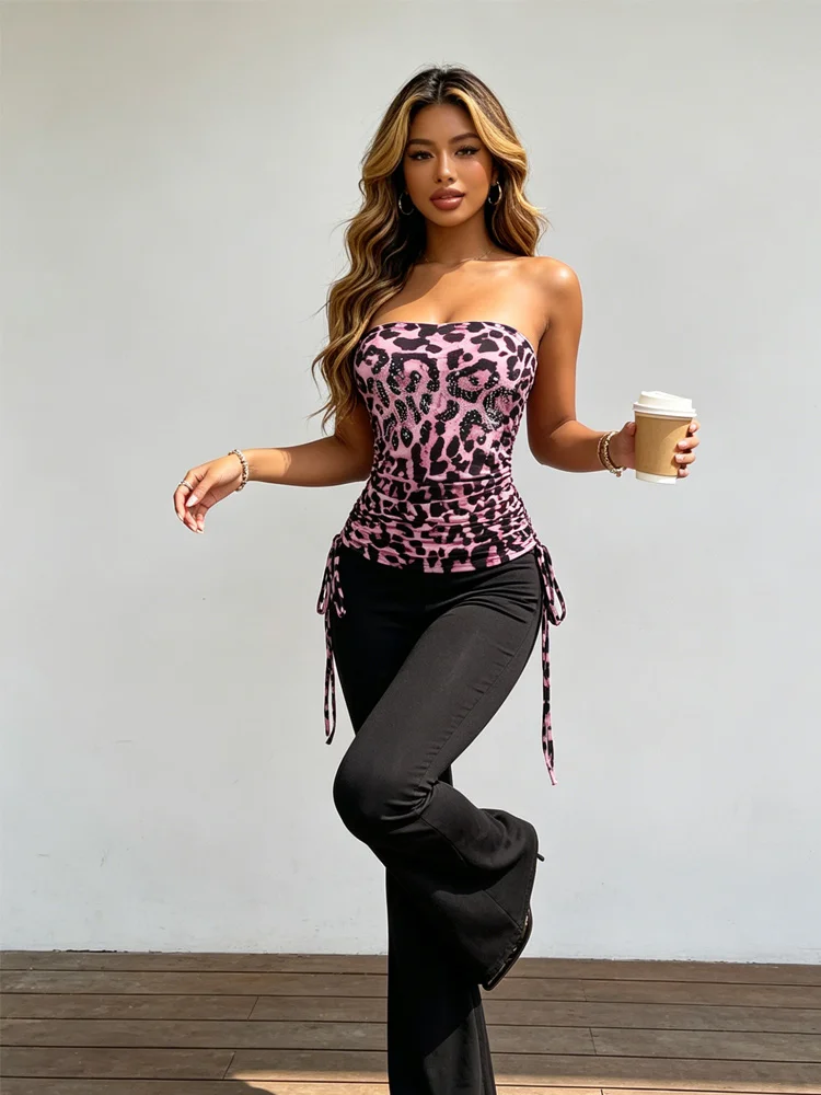 

Aesthetic spicy girl style leopard print splicing new fashion women's clothing Y2k strapless backless vest pants women's slim fi