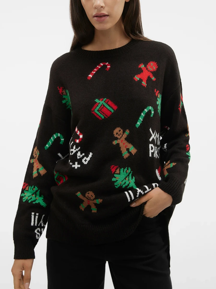 

Women s Christmas Ribbed Sweaters Tree Gingerbread Man Pattern Drop Shoulder Long Sleeve Round Neck Knit Tops