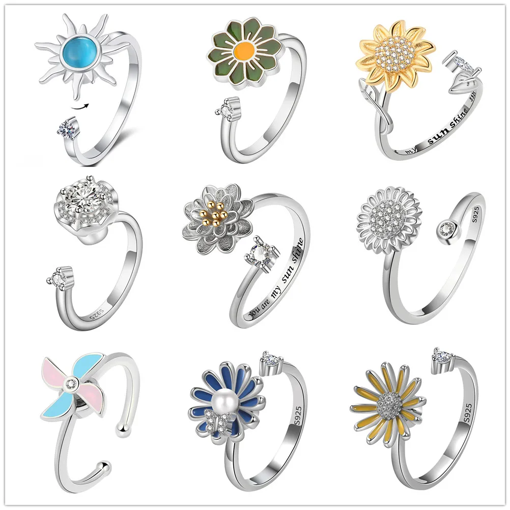 Sunflower Crystal Women's Ring Anxiety Relief Anti-Stress Spinning Aesthetic Adjustable Wedding Finger Ring bague femme