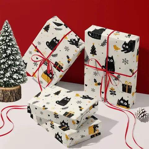 Christmas Wrapping Paper, Black Cat Xmas Tree Snowflake Gift Wrap Sheets,Holiday Gift Wrapping Paper for Christmas Party Present