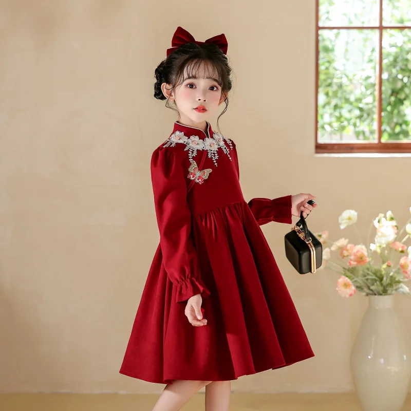 فستان الأميرة للفتيات 2025 فستان أطفال جديد نمط هانفو ملابس يومية لموسم الخريف والشتاء فستان شعور راقي