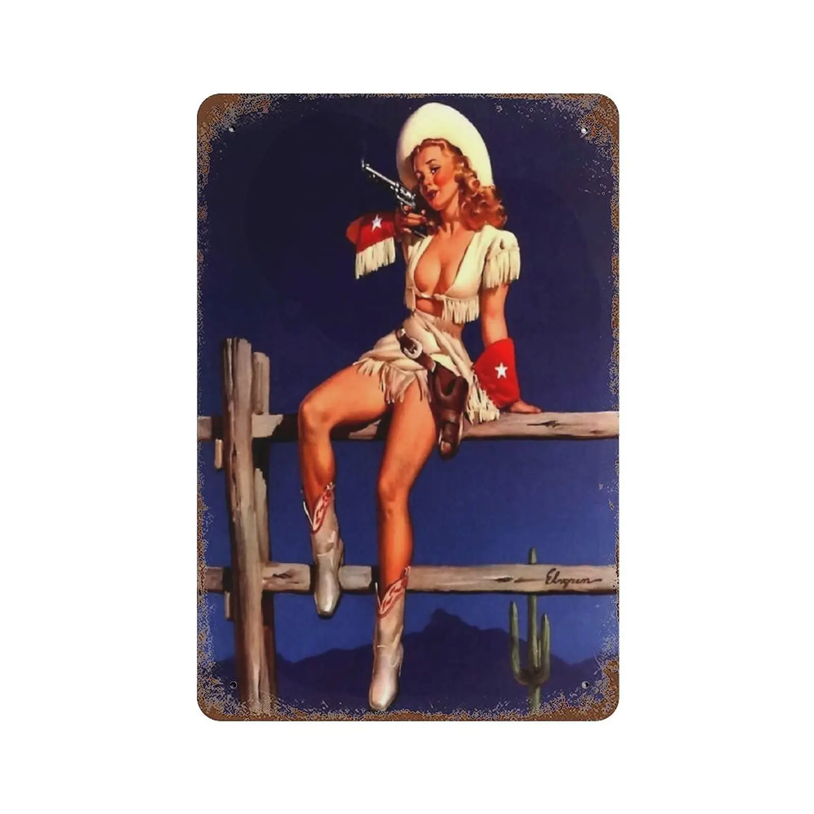 Retro Pin up Girl 1950s Sexy Cowboy Woman on The Farm Tin Metal Sign Vintage Wall Decor Plate Decor Club Cafe Bar Decoration for