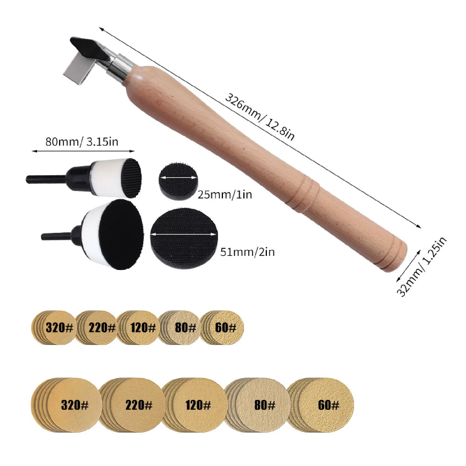 Hand Held Bowl Sander Kit Wooden Handle Bowl Sander Kit with 1in 2in Pads 50pcs Sanding Discs