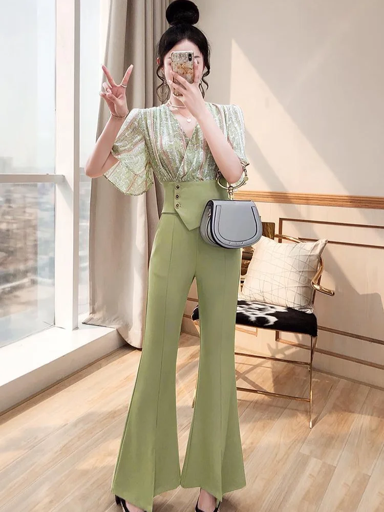 Pant Sets for Women 2 Pieces Holiday Outfits Green Summer 2024 Trousers Woman Korean Style Clothes D Promotion Casual Elegant