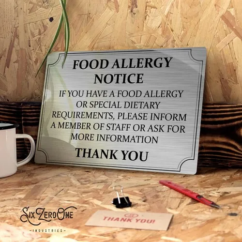 FOOD ALLERGY Metal Sign - Brushed SIlver Aluminium Pub Cafe Catering Rules Eat --Tin Sign