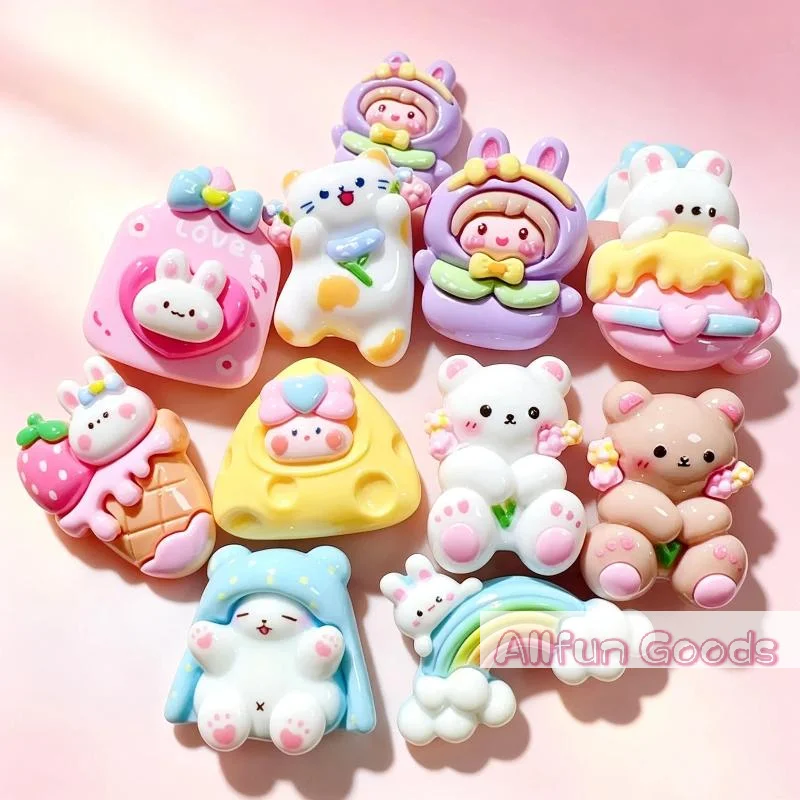 8Pcs Cute Resin Rabbit Bear Cake Rainbow Series Flat‑Back Embellishment DIY Handcraft Decor For Hair Bows Phone Case Accessories