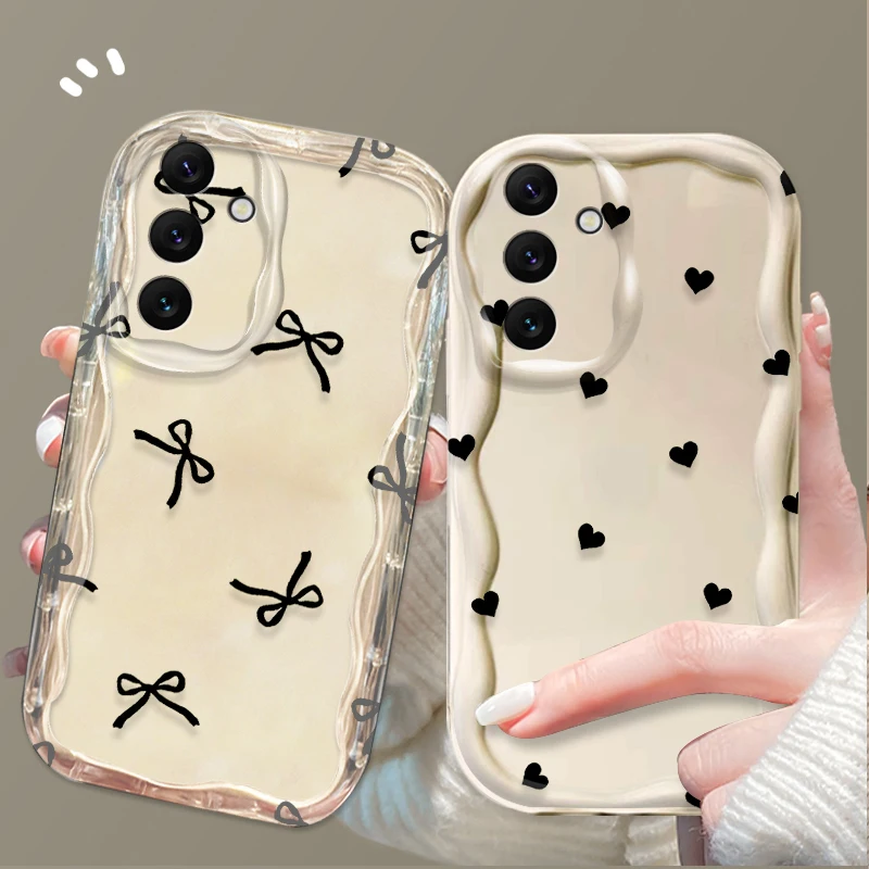 Black with Bow Love Heart Shape Case for Samsung Galaxy A16 A06 A55 A35 A25 A15 A05 A05S A54 A34 A24 A14 A73 A53 A33 A23 A52 A32