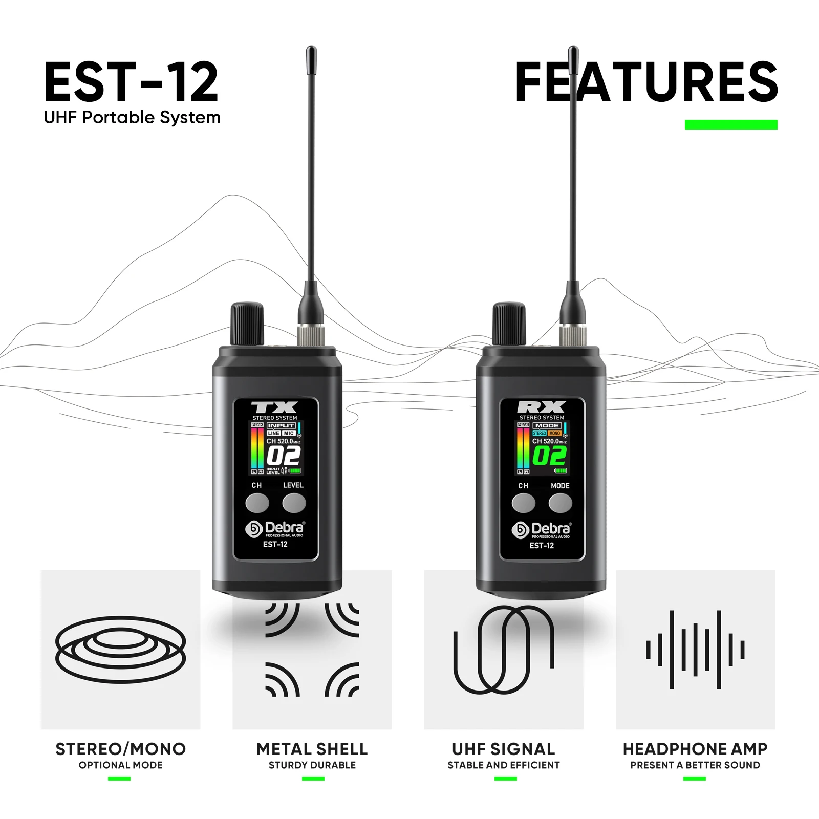 Debra Stereo EST-12 Kabelloses In-Ear-Monitor-System, UHF 560-590MHz, Zweikanal-IEM-System, 80m Reichweite, Wiederaufladbar für Performer – Detail 1