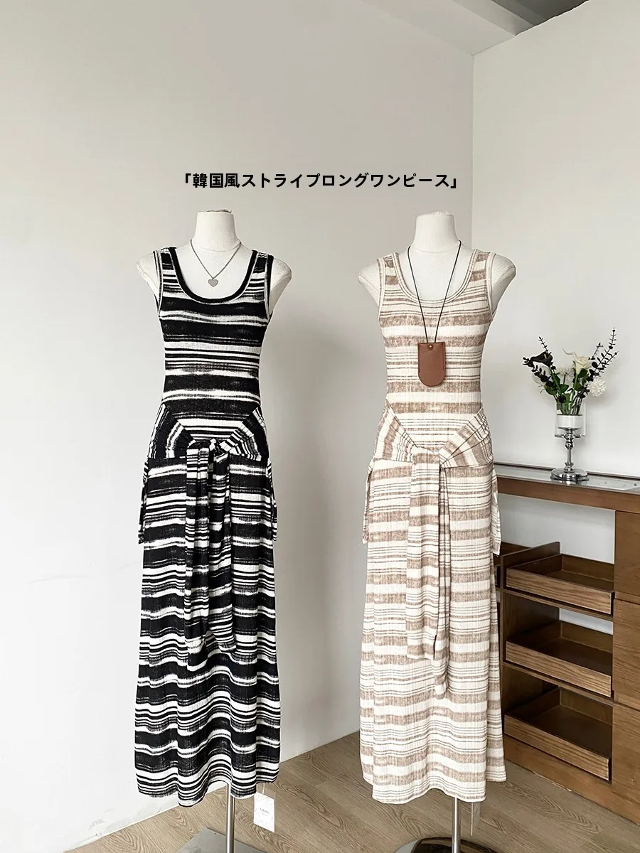Summer 2025 Korean Style Women's Strapless Dress Waist-Cinching Color Block Stripe Dress Trendy Ageless Hot Girl Dress
