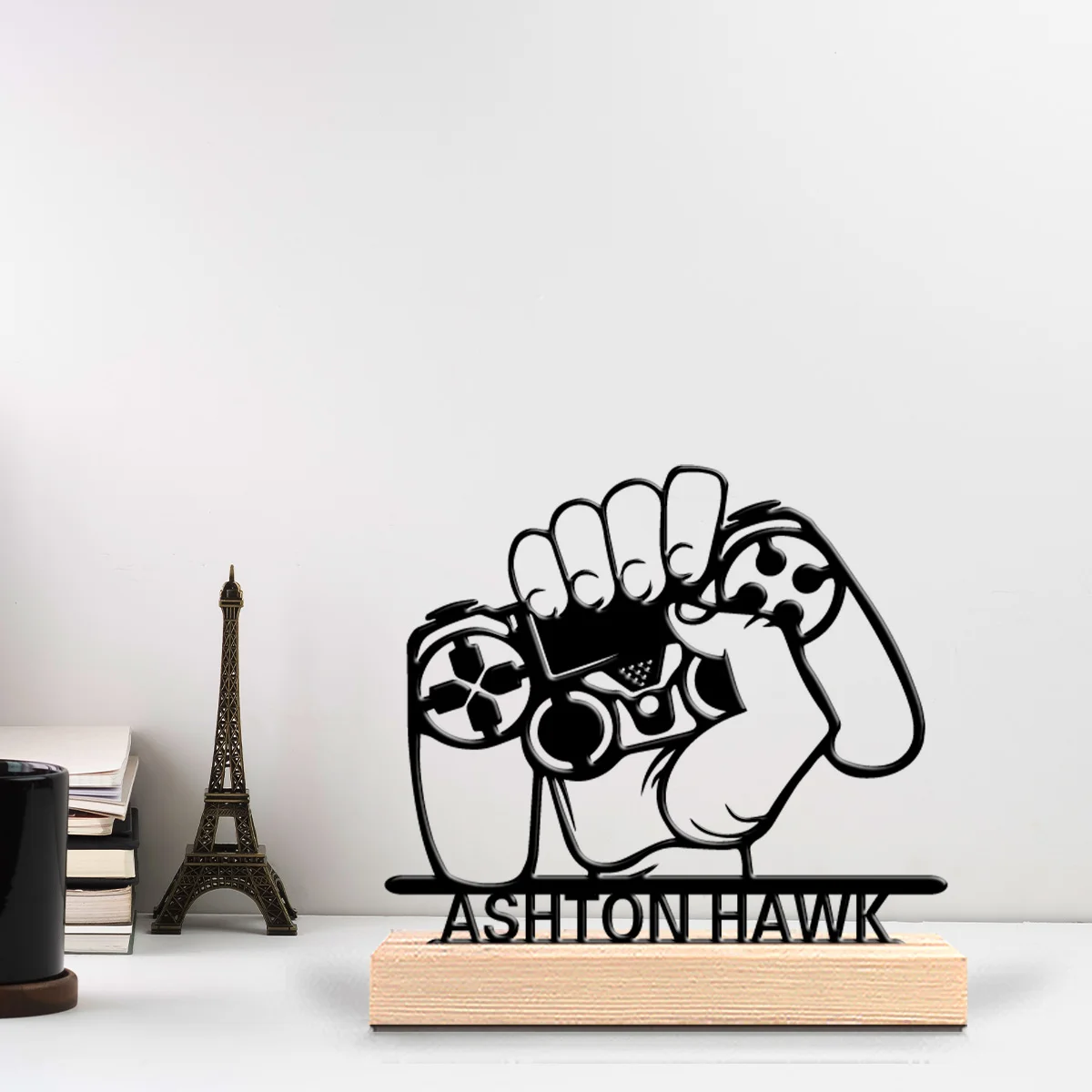 1 Stück Mode personalisierte benutzerdefinierte Griff Spielekonsole Metallstatuen Metallkunst mit Holzsockel einzigartiges Geschenk für Gamer, Retro Offi