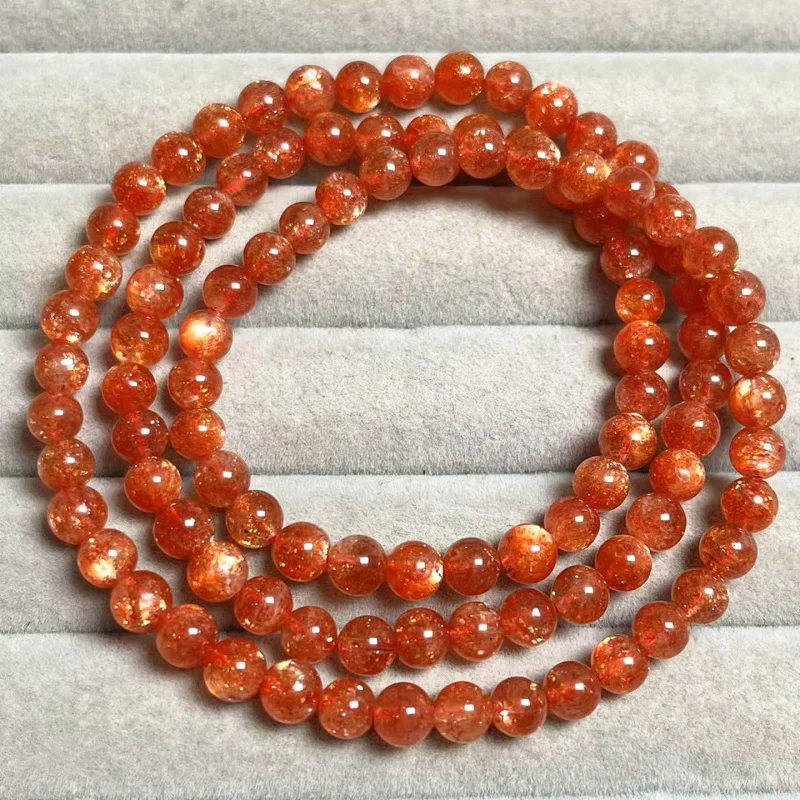 Natural , Orange-Red Sunstone, Golden Strawberry Quartz, Three- Multi-Layer Bracelet Wo