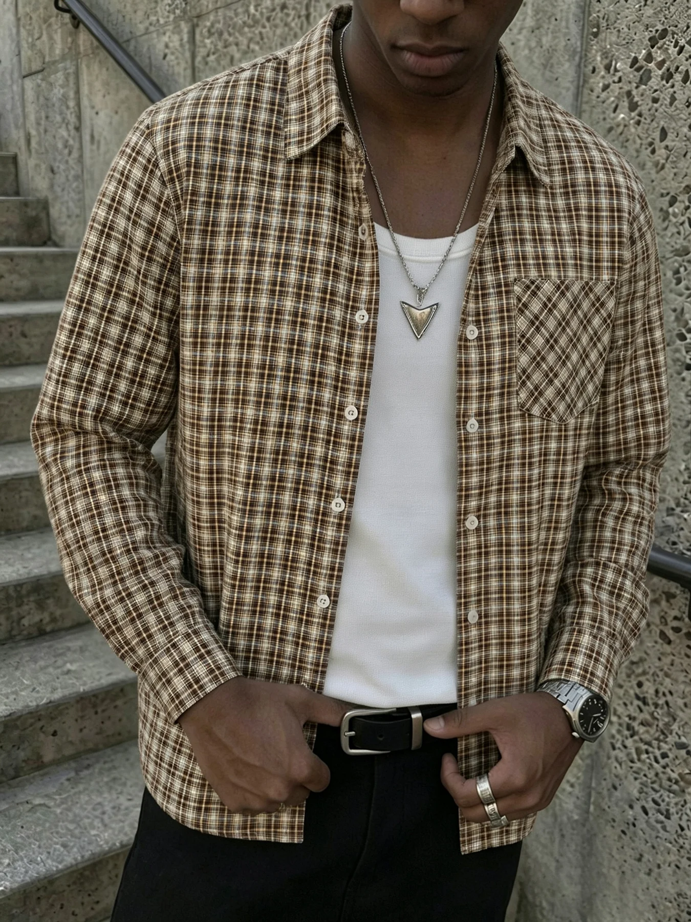 Men's Clothing, Men's Ready-To-Wear Plaid Collared Shirt, Breathable Fabric, Men's Casual Wear, Everyday Casual Button-Down Shirt