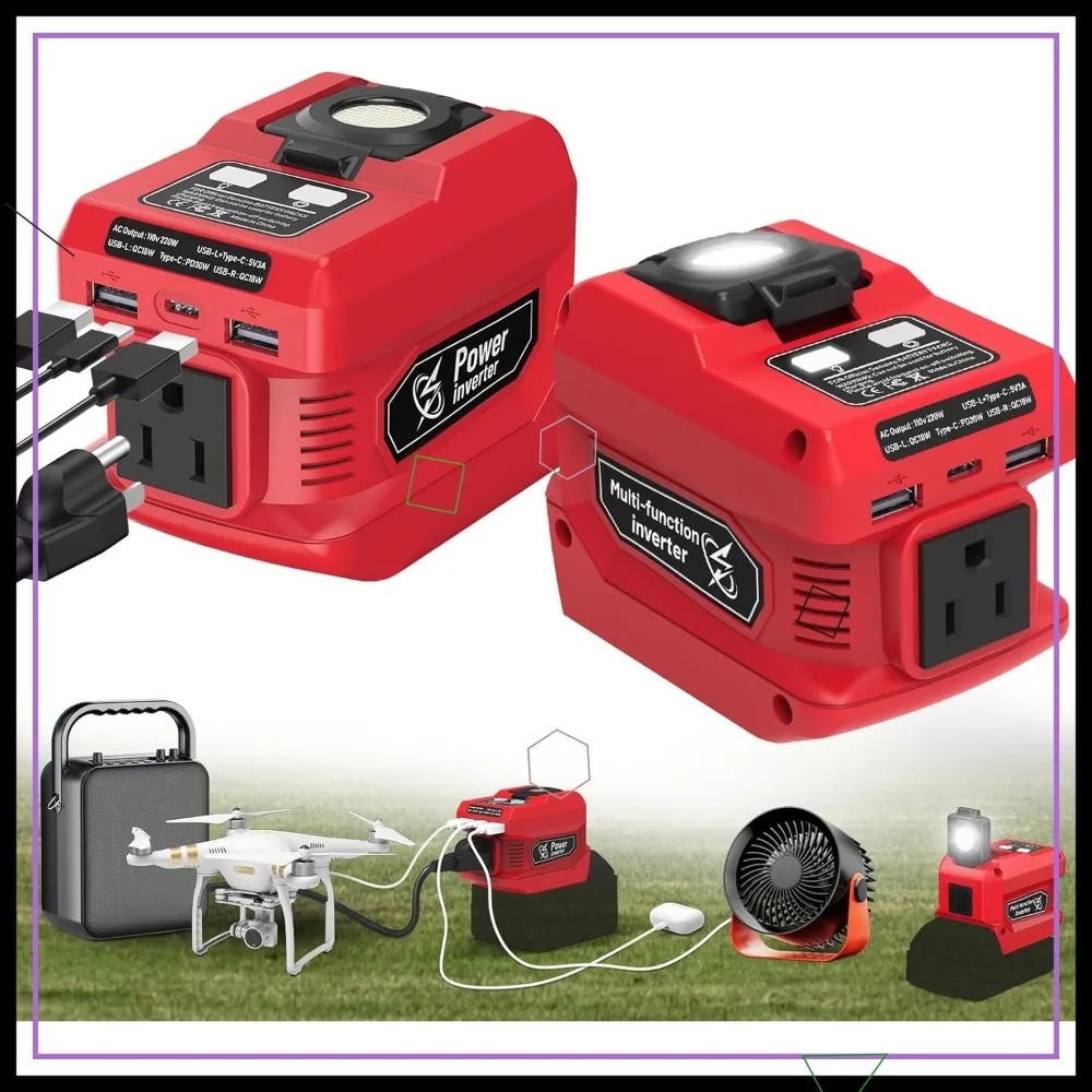 

220W Portable Power Inverter with AC Outlet, USB Ports, Type-C Fast Charging, and LED Work Light (2-Pack)