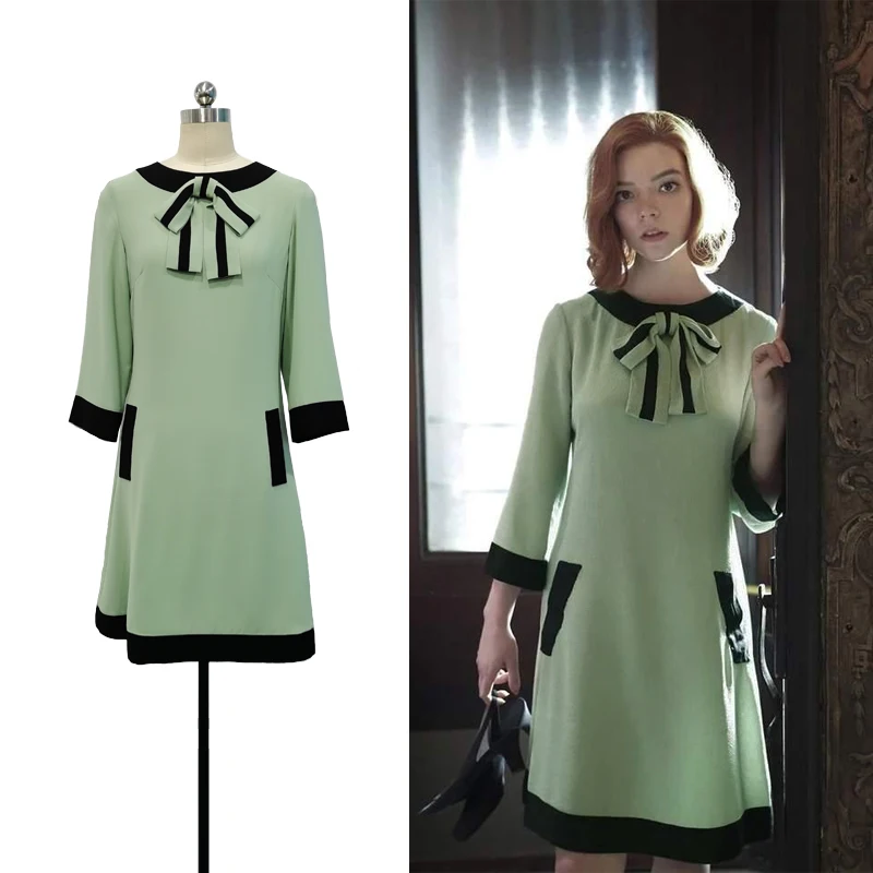 

TV Series The Queen's Women Gambit Cosplay Beth Harmon Costume Mid-length Retro Green Dress Uniform Halloween Outfit