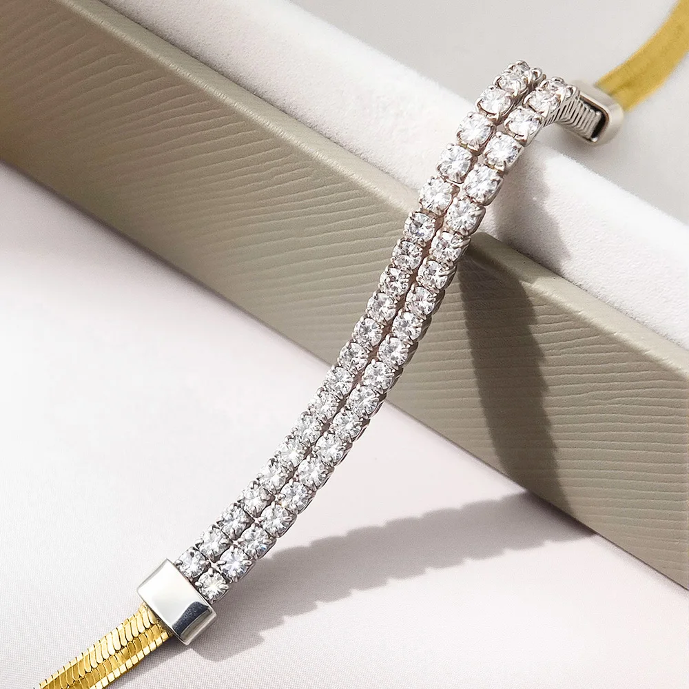 Serenity 2 Row 2mm Moissanite Bracelet for Women Men Sparkling Lab Diamond Bangle S925 Sterling Silver Snake  Bone Chain Jewelry