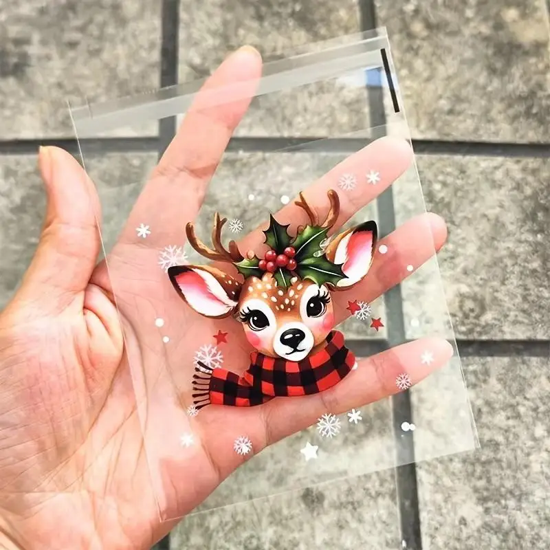 50/100pcs Christmas Gift Wrapping Bags With Snowflake, Santa Claus, Reindeer, And Holly Print Self-Adhesive Packaging Bags