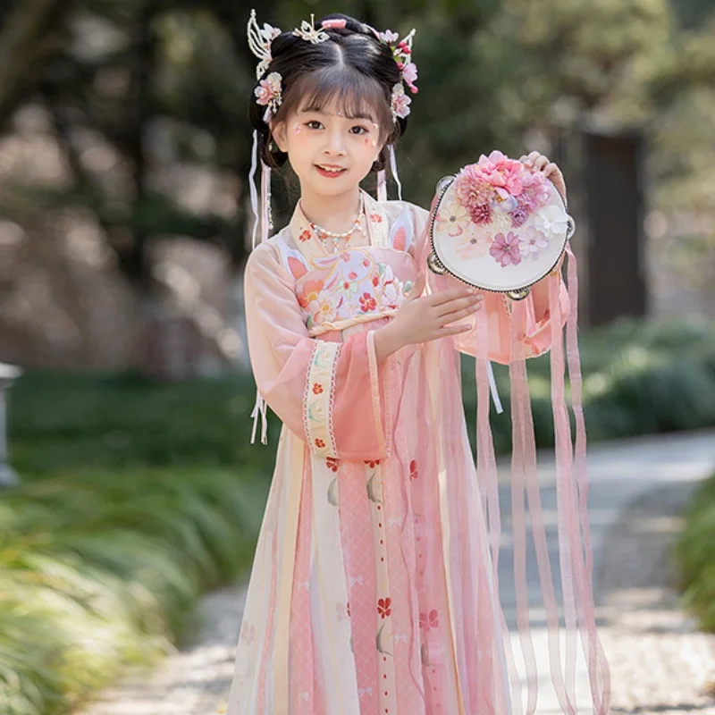 Pink Lovely Children\'s Clothes Chinese Traditional Costume Ancient Style Performance Attire Rabbit Element Hanfu Dress in Spring