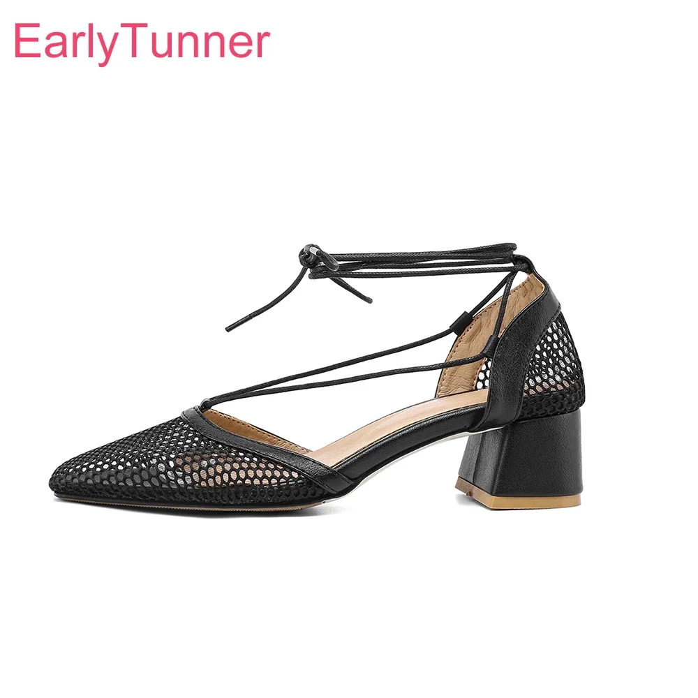 

Brand New Fashion Black White Women Casual Sandals Mesh Lace up Med Heels Lady Shoes Plus Big Small Size 30 43 45 50
