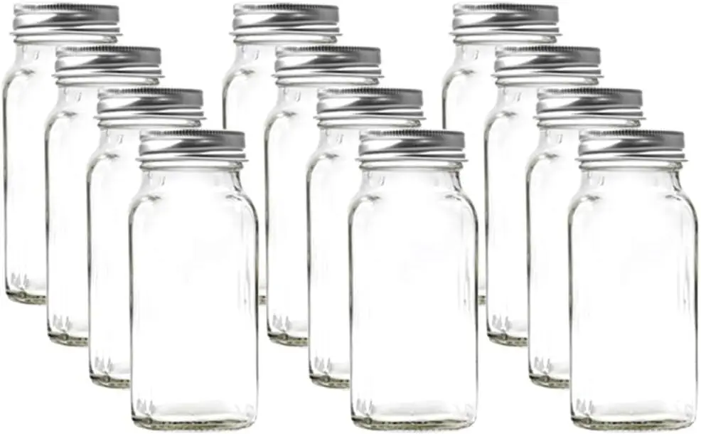 

12 Square Glass Spice Jars with Silver Lids, Shaker Tops & Labels, 4 oz Capacity