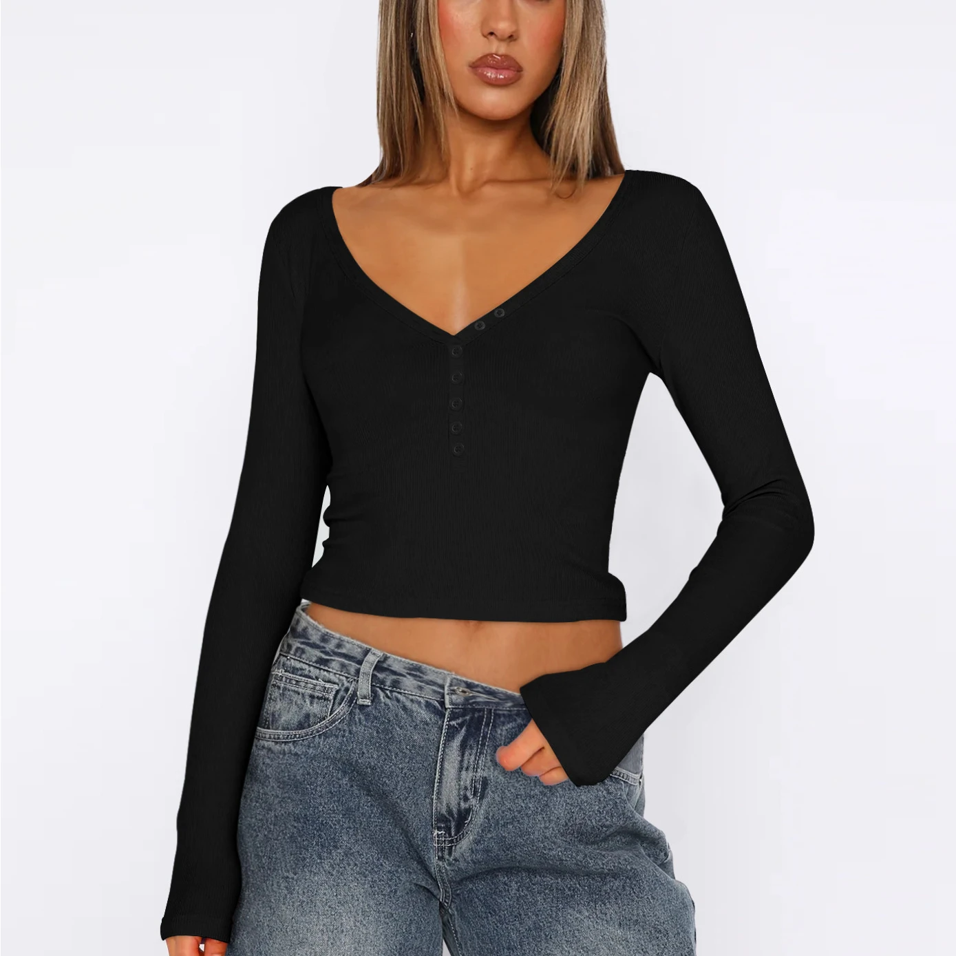 Faionable com nervuras longo sve colheita topo v-ne camiseta interior wear ort sle umbigo exposição outono inverno feminino topo