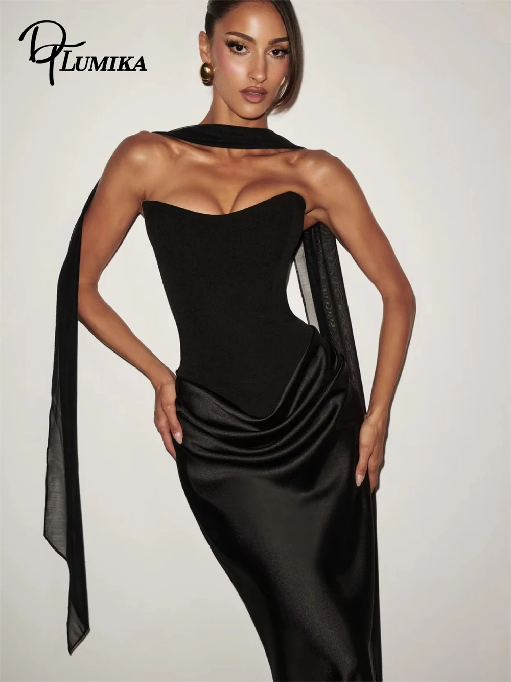 DTLumika 2026 Customized Satin Strapless Pleated Party Dress Women Backless Sexy Formal Evening Dress Long Summer Dress