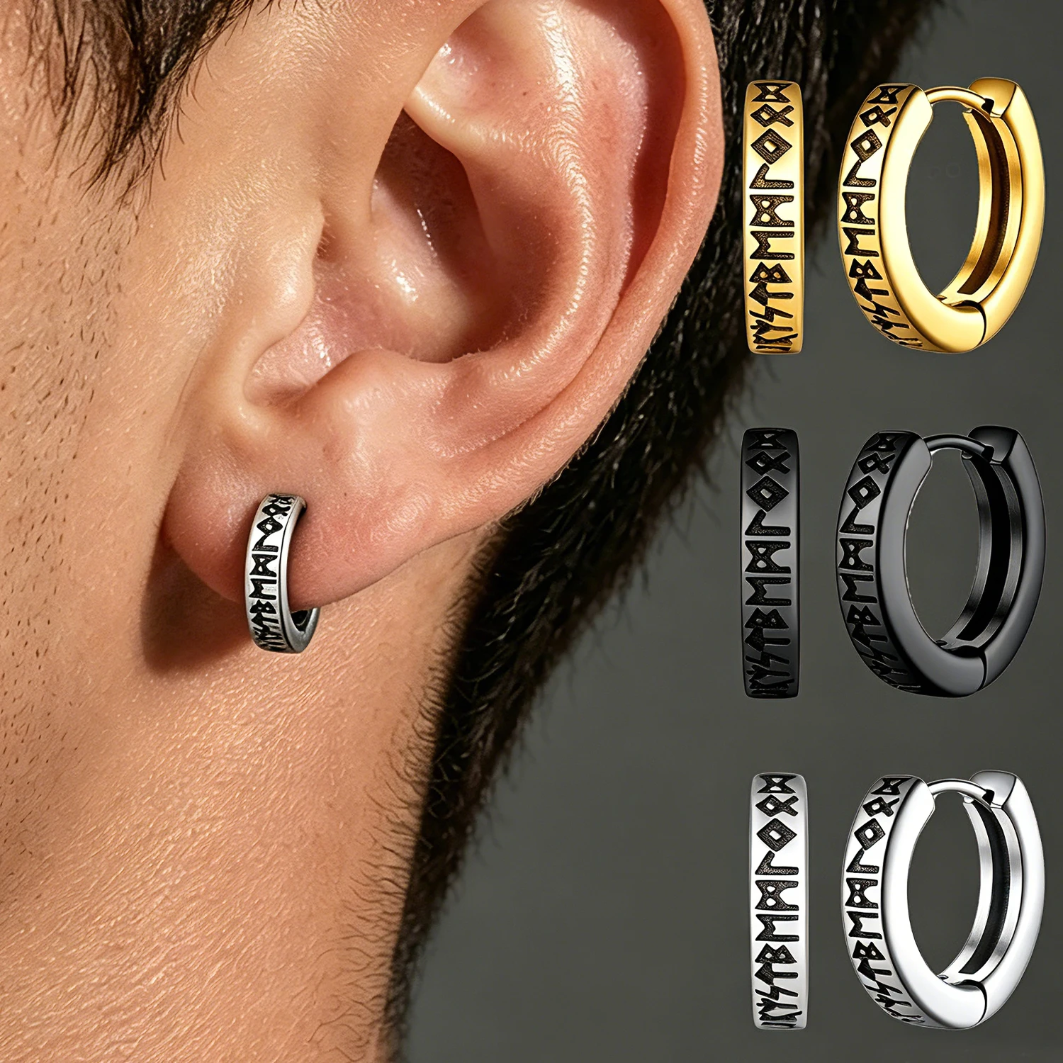Viking Runes Huggie Hoop Earrings 316 Stainless Steel Norse Vintage Engraved Punk Streetwear Piercing Jewelry for Women Men