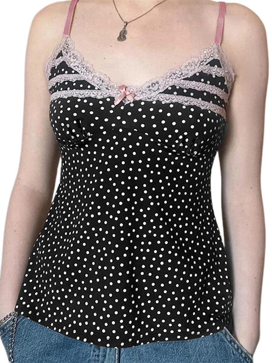 Women s Summer Dot Print Cami Tops Sleeveless Open Back V Neck Lace Trim Tank Tops