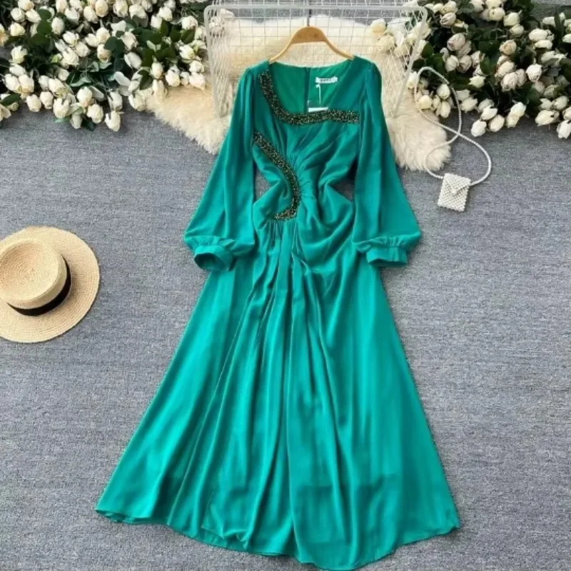

Hot Stamping Wrinkles Chiffon Dress for Women Holiday Style Falling Sensation Maxi Dresses French Evening Gowns