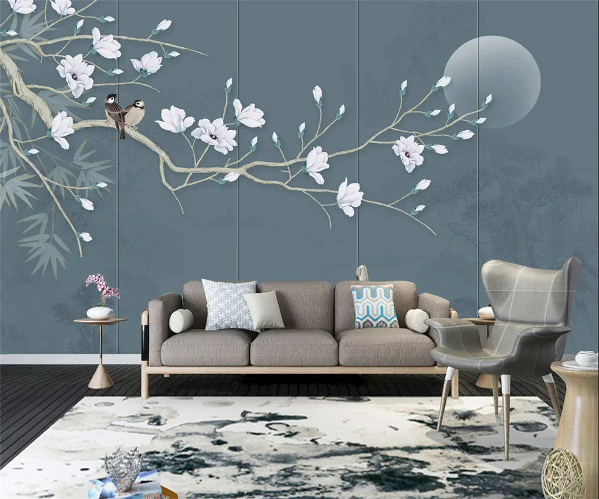 beibehang Customized papel de parede new modern Chinese style magnolia flower and bird hard pack background wallpaper