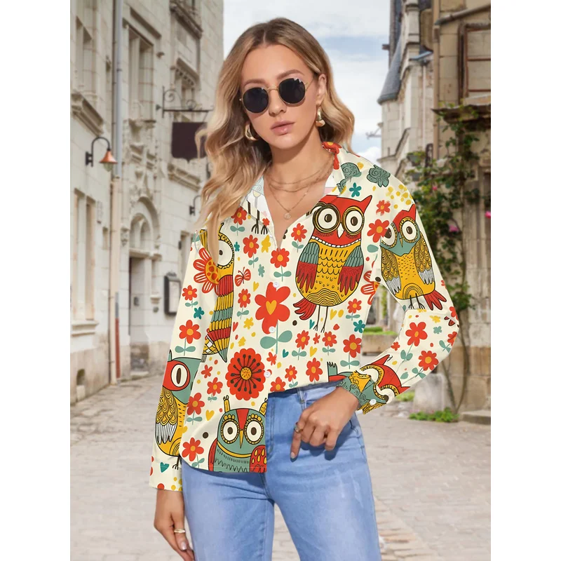New Women'S Casual Long-Sleeve Shirt Featuring Playful Owls Hidden Among Vibrant Flowers, Perfect for Holiday Gatherings And