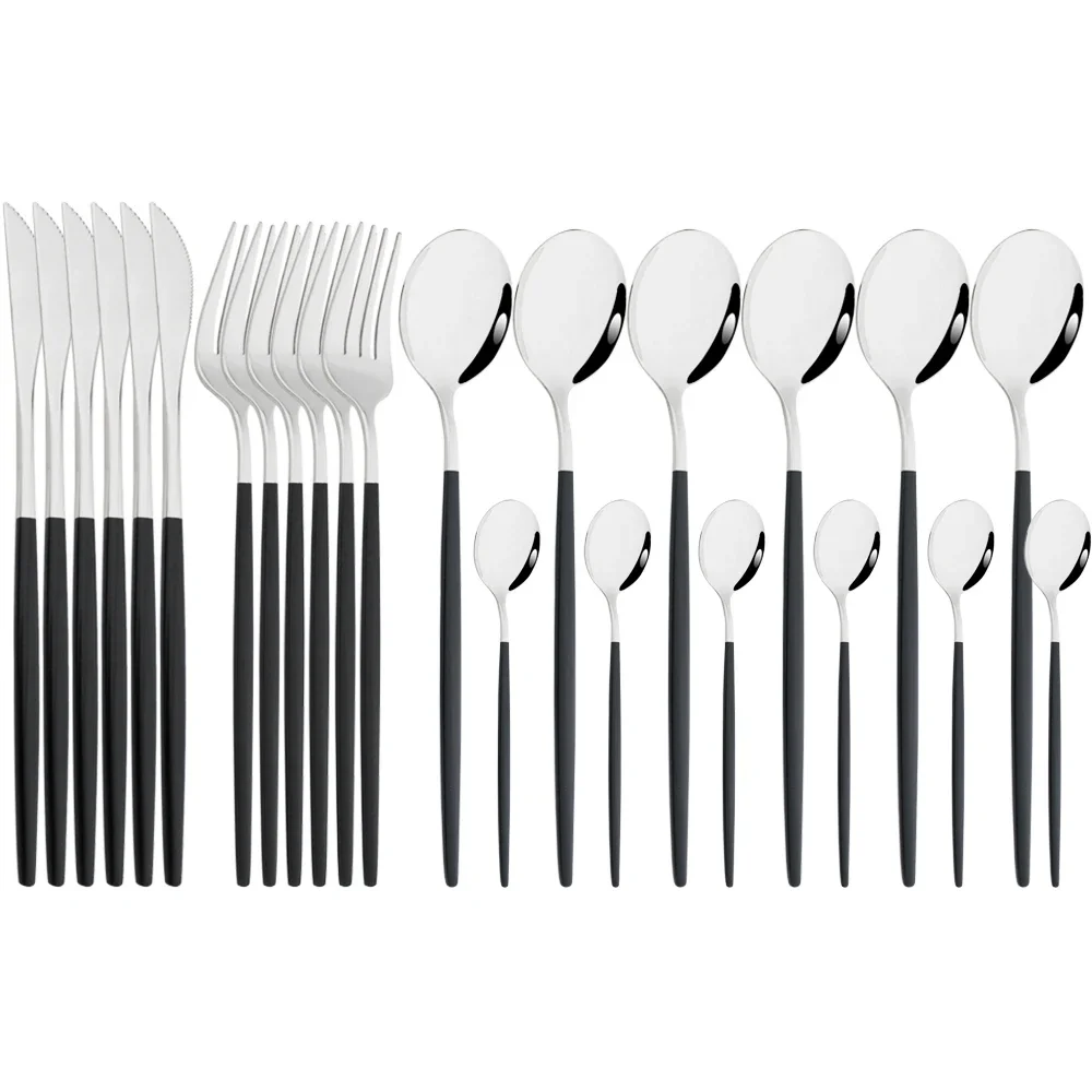 Nero Argento 24 pezzi Set di posate in acciaio inossidabile Forchetta Cucchiaino Coltello Argenteria Specchio Stoviglie Posate Set di stoviglie da cucina