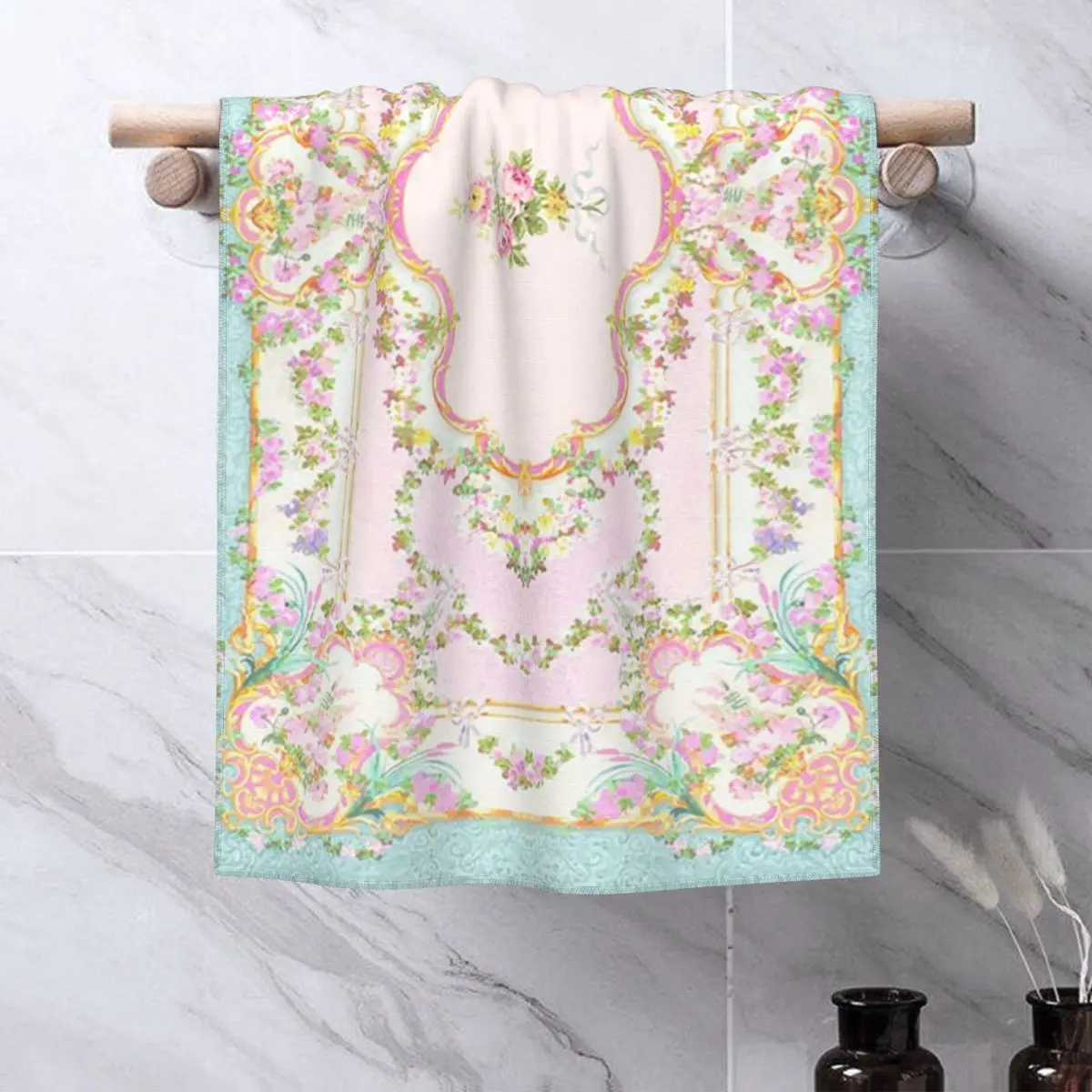 Custom French Rococo Floral Watercolor Panel Soft Face Towel Quick Dry Pool Bath Cotton Towels Absorbent