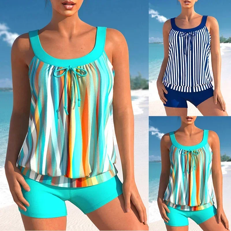 Hochwertiger Sommerurlaubs-Badeanzug für Damen mit vertikal gestreiftem bedrucktem Oberteil und trägerlosem Strand-Badeanzug S-6XL